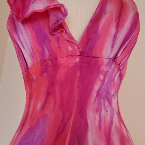 Silk ruffle Short Dress 4 6 8 bridesmaid party tie dyed painted purple pink blue - Picture 5 of 7